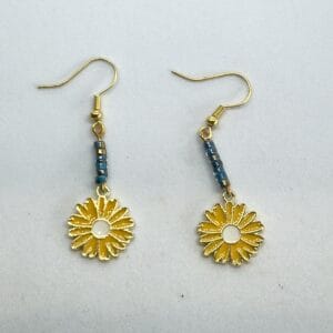 Earrings with Yellow Daisies and Blue Beads-1