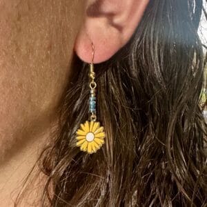 Earrings with Yellow Daisies and Blue Beads-3
