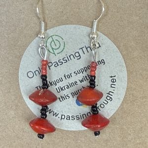 Red sandalwood seed and black glass earrings