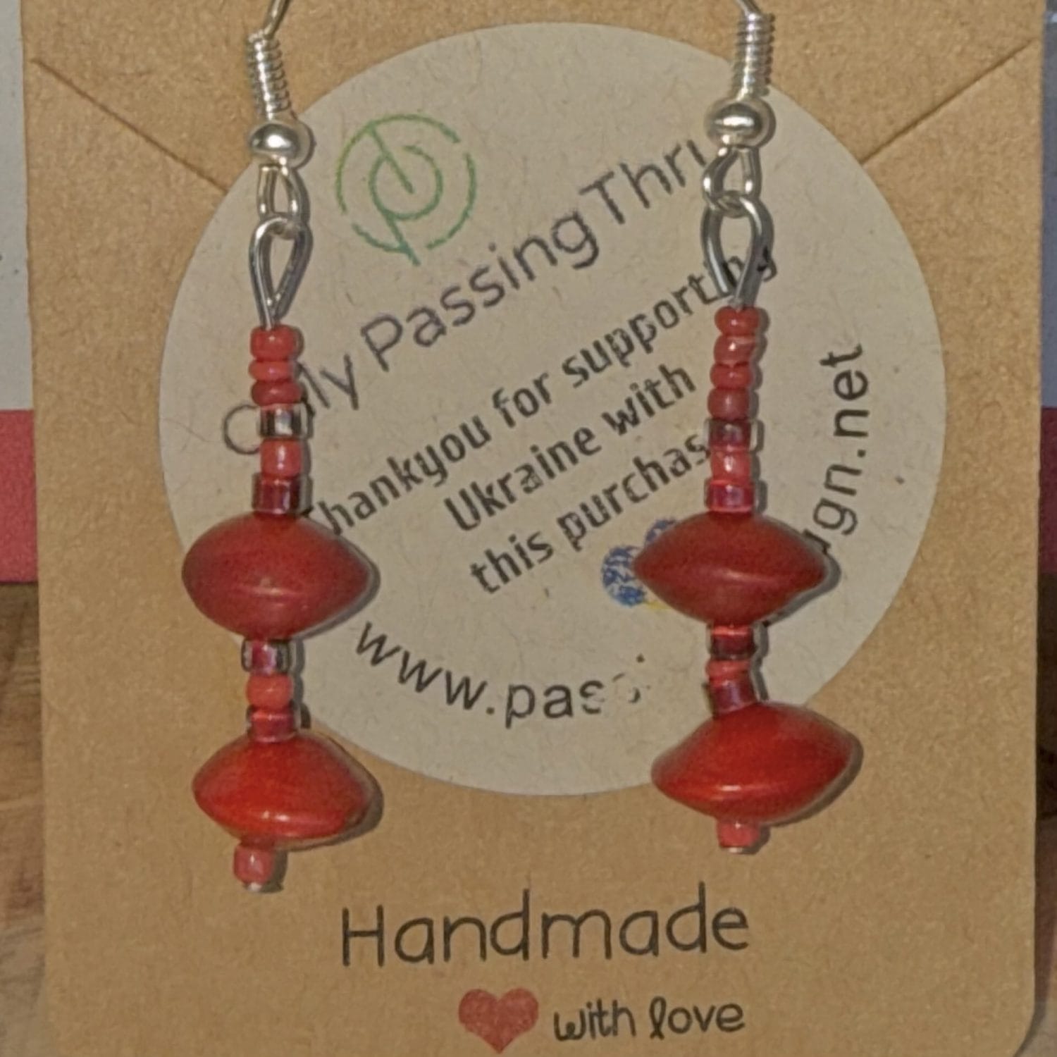 Red sandalwood seed and red/gold glass earrings