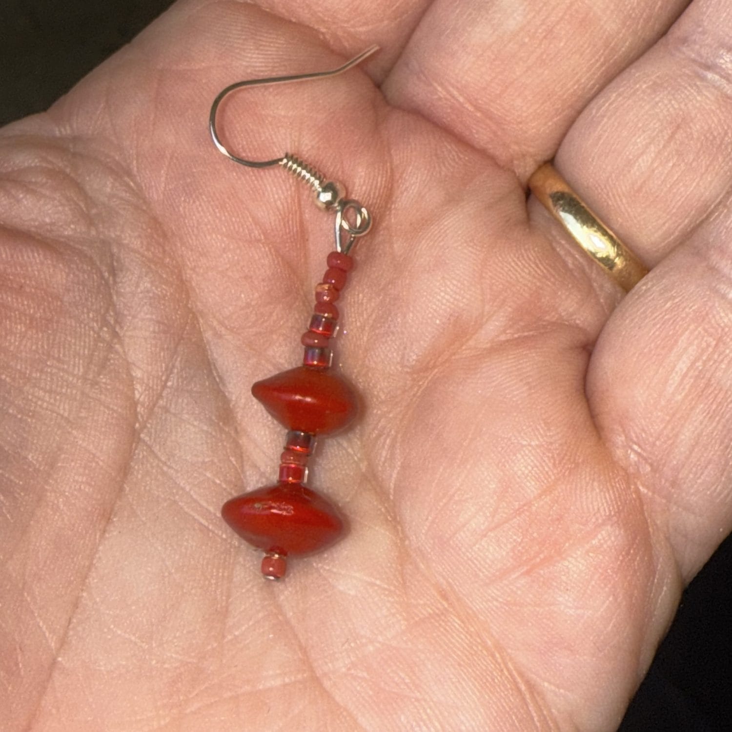 Red sandalwood seed and red/gold glass earrings