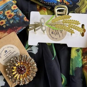 sparkling sunflower inspired brooch and sparkling wheat hair clip