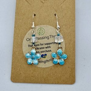 Handmade earrings with enamelled flowers Blue blossom with crystal