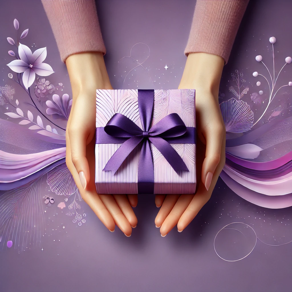 DALL·E 2024-12-21 13.23.40 - A minimalist and elegant image of a single pair of hands presenting a gift in a purple-themed design. The hands are gracefully outstretched, holding a giving a gift