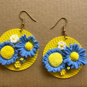 yellow disc earrings with blue flowers