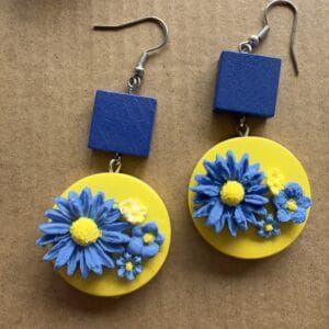 wooden blue and yellow button and flower earrings